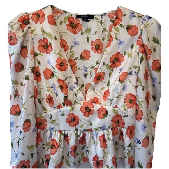 Forever 21 Womens Floral Satin Puff Sleeve Peplum Top Sz L Fairy Feminine - Picture 3 of 12